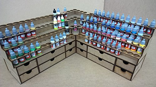 Paint Stand Corner Set up - 2xPaint Stand for 52xbottles, 2xStorage Drawers and 1x Corner Unit, for vallejo, warpaints or tim holtz ink bottles. Paint rack storage