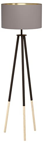 EGLO Stehlampe Bidford, 1 flammige Stehleuchte Vintage, Modern, Standleuchte aus Holz, Stahl und Textil, Wohnzimmerlampe in Dunkelbraun, Braun und Gold, Lampe mit Tritt-Schalter, E27 Fassung