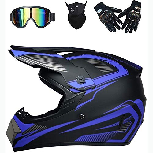 LEENP Professioneller Motocross-Helm, Herren Motorradhelm Cross-Helm Geschenk-Set mit Brille Maske Handschuhe, Motorrad Sports ATV MTB Quad Motorräder Off-Road DH Enduro-Helm Männer Damen,Blue,S