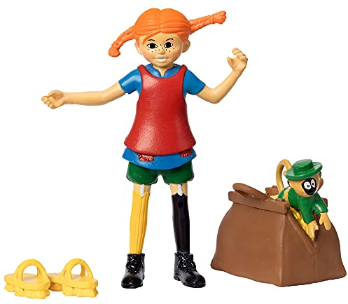 Pippi Langstrumpf Spielzeug Spielfiguren mit Pippi, Herr Nilsson Äffchen, Gold Koffer & Scheuerbürste Schuhe – Puppenhaus Zubehör Figuren Mädchen und Jungen ab 3 Jahren