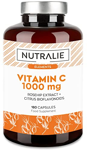 Vitamin C 1000mg Hochdosiert - Immunsystem + Energie Kapseln - Bioflavonoiden + Hagebutte + Ascorbinsäure - Laborgeprüft - BIO-verfügbar 180 Vegane Kapseln - Nutralie