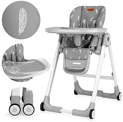 MoMi LUXURIA Kinderhochstuhl mit 4 Rollen mit Bremsfunktion, 5-Punkt-Sicherheitsgurt, klappbar, höhenverstellbar (7 Stufen), verstellbare Rückenlehne (5 Stufen) und Tablett (2-stufig), Fußstütze