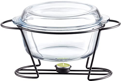 Ambition Speisewärmer 4 L Glas Servierschale Wärmebehälter für Speisen Stövchen Gestell Schwarz Loft modern