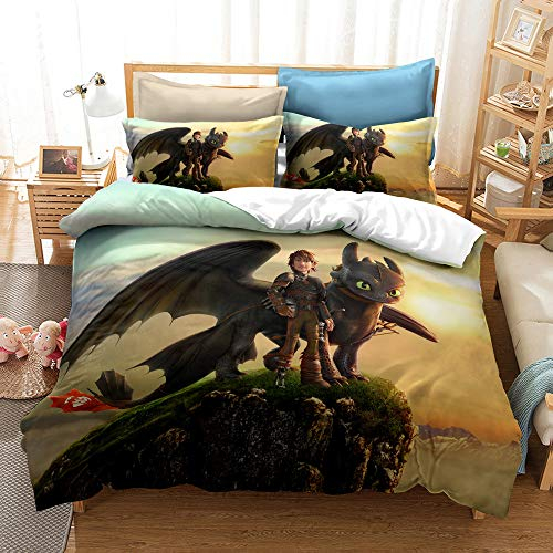 CHAOSE-DEB Doppel-Bettbezug-Set Drachenzähmen-Mikrofaser-Bettwäsche-Set Atmungsaktiver Bettbezug Mit Reißverschluss Und 2 Kissenbezügen (Drache 02,200 x 200 cm)