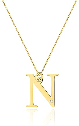 Halskette aus 14K Gelbgold (585) mit Buchstaben A-Z und 0,005ct Diamant. Geschenkidee für eine Frau, Mädchen, Freundin, Mutter, Schwester | Schmuck für Frauen (N)