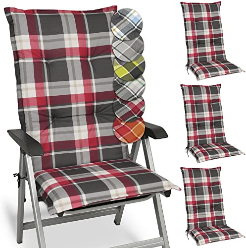 Beautissu 4er Set Hochlehner Auflagen für Gartenstühle rutschfest | 120x50cm Rot Kariert 6cm Dicke bequeme Polsterauflage Stuhlkissen Sitzauflage Polster Bequem UV-Lichtecht Kissen Sunny RK