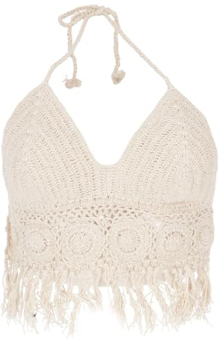 GURU SHOP Häkeltop, Bikinitop, Strandtop, Hippie Bra Flower Power, Damen | Handgefertigtes Design, 100% Baumwolle, Slim Fit, ideal für Strand und Dancefloor, auffällige Blumenbordüre, Fransen