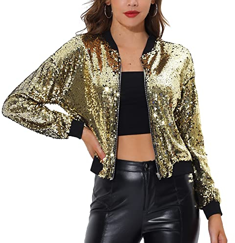 Allegra K Damen Glitzer Jacke Bomberjacke Pailletten Bomber Jacke Langarm Party Club Metallic Sequin Jacken Gold L