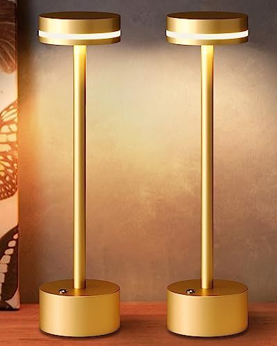 2 Stück Wiederaufladbare Kabellose Akku Tischlampe mit Touch-Schalter, Vollaluminium-Lampenkörper, 3-Stufige Dimmung, 4000mAh Akku, 3000K Warmes Licht, für Esstisch, Wohnzimmer (Gold)