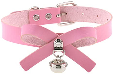 Duories Leder Choker Kette,Halsband aus Leder mit Schleifenknoten und Glöckchen,Verstellbarer Choker 30 cm–40 cm für Damen Herren,Geeignet für Abschlussball, Date, Party, Club, Bar, Konzert,Rosa