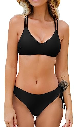 CUPSHE Damen Bikini Set V Ausschnitt Low Waist Bademode Crossback Tunnelzug Zweiteiliger Badeanzug Swimsuit Schwarz S