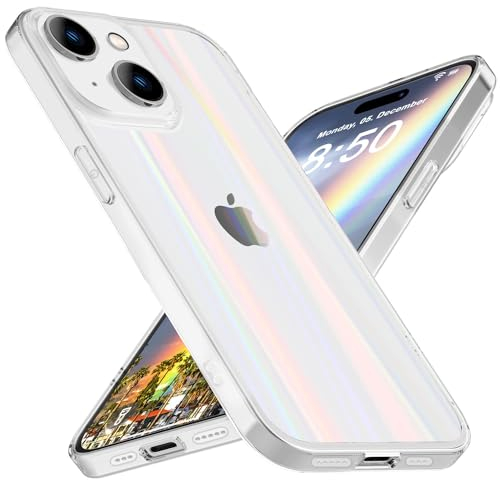 NALIA Klares Hartglas Cover kompatibel mit iPhone 15 Hülle, Durchsichtig Regenbogen Effekt Kratzfest Anti-Gelb Tempered Glass mit Silikon, Transparent Holografisch Glänzend Schutzhülle Handyhülle