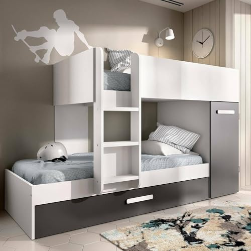 Dmora - Schlafzimmer Eiger, Komplettes Schlafzimmer, Etagenbettkomposition mit Zwei Einzelbetten, 244x112h150 cm, Weiß und Anthrazit