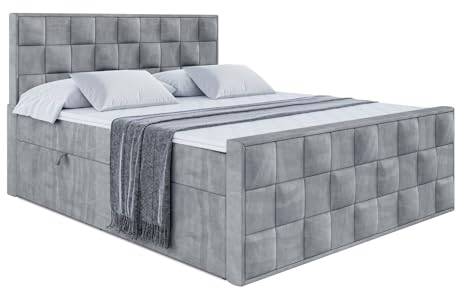 ALTDECOR Boxspringbett mit Matratze und Lattenrost, Boxbett, Fußteil, Topper, Polsterbett mit Bettkasten, Bett mit Stauraum H4-Matratze, Doppelbett, Springboxbett -Zafira - 180x200 - Grau Samt