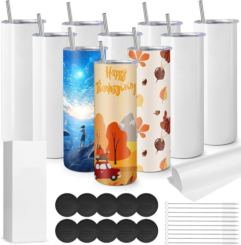 MSYU Lot de 10 gobelets à sublimation en acier inoxydable à double paroi - 600 ml - Avec papier de sublimation - Paille et boîte individuelle