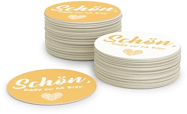 sous-Verres Verres Jaunes en Carton de Bois pulpé respectueux de l'environnement (50 pièces) Ravi Que Vous Soyez Ici I sous-bocks Ronds I décoration de Table ⌀10cm