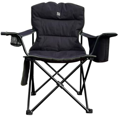 OLPRO Henwick Heavy Duty Padded Folding Camping Chair for Adults – Comfortable & Foldable Outdoor Chair with Cooler Bag, Wine Glass & Cup Holder – Ideal for Camping, Garden & Picnics (Black/Green)