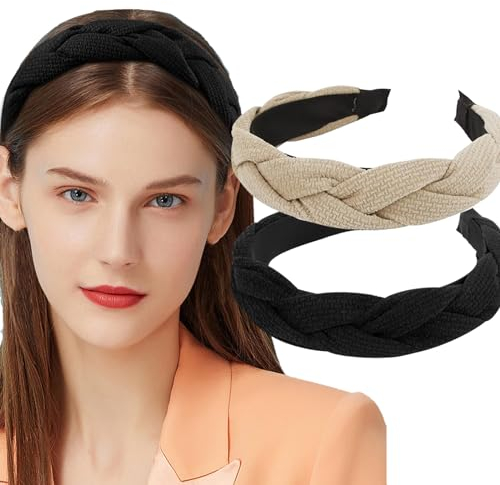 Nayyana 2 Stück Haarband Geflochtenes Stoff Breites Stirnband Vintage Rockabilly Mode Haaraccessoires für Frauen Mädchen, Schwarz+Weiß
