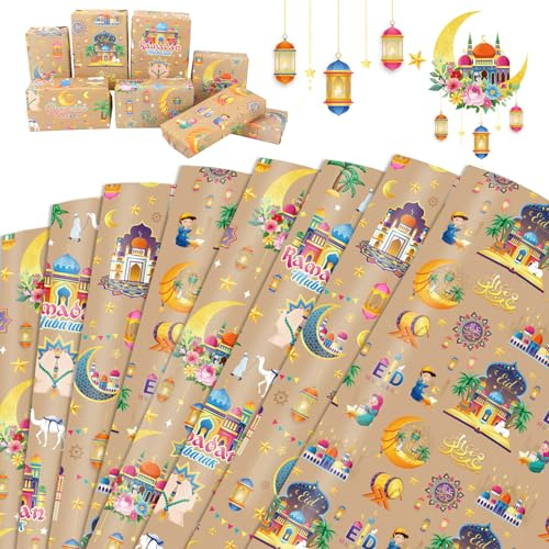 HOWAF 8 Eid Mubarak Geschenkpapier Ramadan Geschenkpapier, Eid Geschenkpapier Mond Stern Ramadan Mubarak Geschenk Papier Eid Mubarak Geschenke Verpackung Ramadan Eid Mubarak Dekoration, Kraftpapier