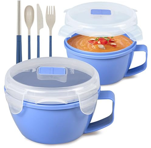 MATICAN Microwave Bowl with Lid, 2-Pack Microwave Soup Bowl with Lid, Noodle Bowl for Ramen, Soup, Beverages, 30.43 Ounces, Blue Lilac, Tableware Included