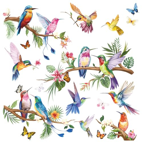 wondever Fenstersticker Vögel auf Ast Fenster Aufkleber Tropisch Blätter Blumen Kolibri Fensterbilder Fensteraufkleber Anti-Kollision Doppelseitig Glasaufkleber Glas Deko
