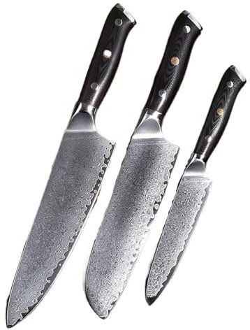 Cuchillo de chef de acero de damasco, forjado con 67 capas de acero de Damasco real, cuchillo de chef profesional con Mango G10,Juego de cuchillos de chef de tres piezas (cuchillo de frutas)
