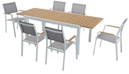 Vente-unique-Garten-Essgruppe: Tisch ausziehbar L. 170/230 cm + 6 stapelbare Sessel - Aluminium & Polywood - Holzfarben hell & Grau - MACILA von MYLIA