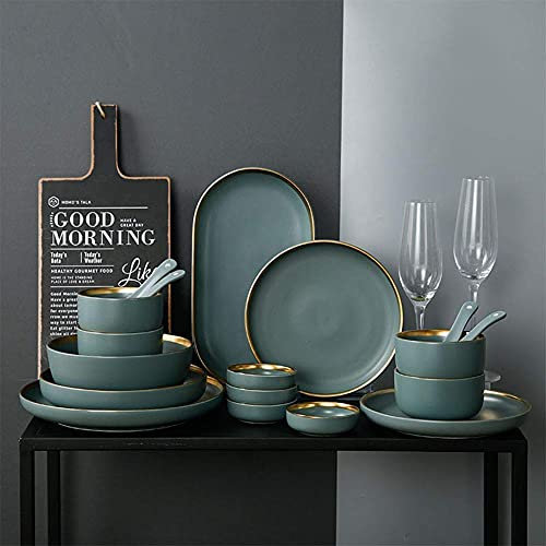EJPPDHCO Keramik-Geschirr, 22-teiliges Keramik-Geschirr-Set, Geschirr-Set, Geschirr-Set, nordischer Stil, Vintage-Design mit grünem und goldenem Rand, Service für 6 Personen