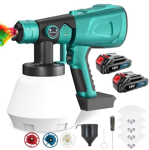 Akku Farbsprühsystem,kompatibel mit Makita 18V Akkus, Elektro Lackierpistole mit 3 Düsen, 3 Spritzmuster,1000ml farbsprühgerät, 4-Filterpapiere,zum Streichen Gartenzaun (2x3000mAh Akku und Ladegerät)