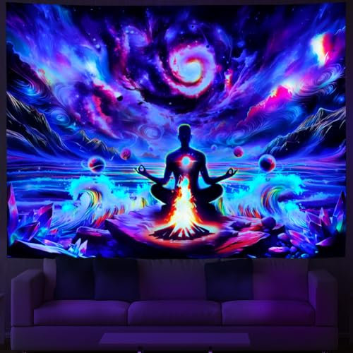 Amhokhui Schwarzlicht-Chakra-Wandteppich, Yoga, Meditation, UV-reaktiv, Buddha-Wandteppich, Trippy, spiritueller Wandteppich, Hippie, ästhetischer Wandbehang, Dekor für Schlafzimmer