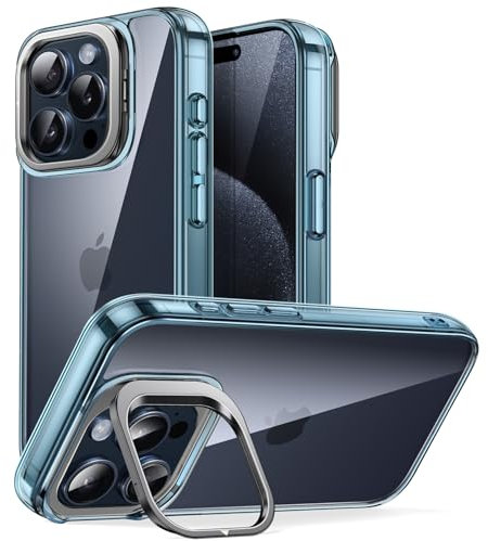 JETech Kickständer Hülle für iPhone 15 Pro 6,1 Zoll, Eingebaut Kamera Ring Ständer, Nicht Vergilbende Stoßfestes Stoßfänger Handyhülle, Anti-Kratzer Transparent Rückseite (Titan Blau)