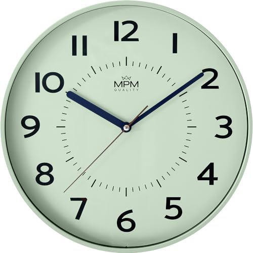 MPM Quality Design Kunstoff Wanduhr, Grün, große arabische Ziffern, Quarz-Uhrwerk, ∅ 320 mm, Modern, Analog Wand Uhr, Wanddeko, Dekoration für Wohnzimmer, Küche, Büro, Schlafzimmer