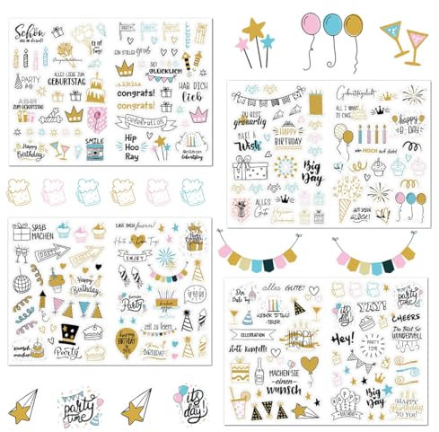 Sticker Geburtstag (4 Bögen 225 Motive), Aufkleber für Fotoalbum oder Gästebuch, Liebevoll gestaltete Geburtstagssticker als Party Deko Erwachsene & Kinder (Deutsch und Englisch,Party Gold)