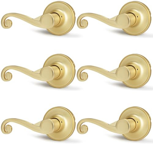 Bonpoly Confezione da 6 maniglie per porte interne in ottone satinato, leva per porta laterale sinistra, senza chiave e senza serratura, design unico a onde