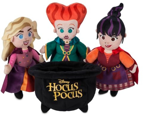 Disney Store Official Hocus Pocus Sanderson Sisters Plush Doll Set - Sarah, Mary & Winifred - Scultura dettagliata in peluche, mantello scintillante, calderone in morbido velluto - Hocus Pocus