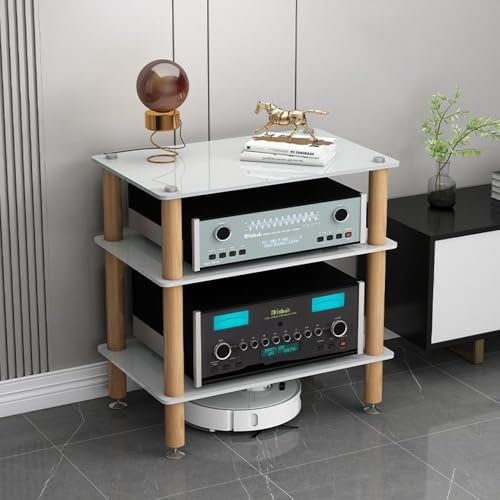 HAEKEBC 3/4-stufige HiFi-Racks AV-Medienständer HiFi-Audioschrank Regale Aus Gehärtetem Glas Stoßdämpfende Beine Aus Massivem Holz Für Audio Rack Schränke(White,3 Tier)