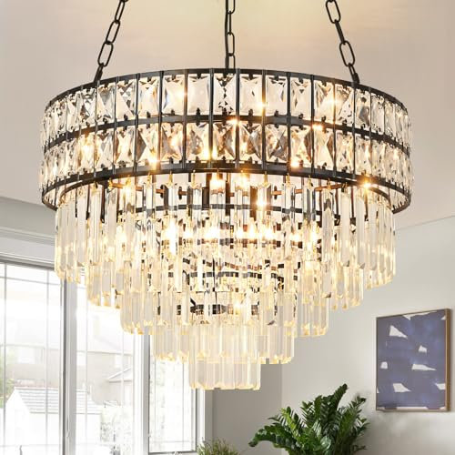 Seenvlog Moderne Luxus Kristall Pendelleuchte, schwarzer Kristall Kronleuchter, 5-Tier Raindrop Kronleuchter Leuchte Flush Mount Deckenleuchte für Esszimmer, Φ55cm