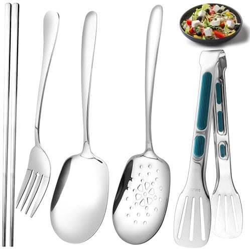 GZLCEU 5 Stk Servierlöffel Set, 304 Edelstahl Vorlegebesteck Vorlegelöffel für Bankett,Buffet Restaurant,Hotels Party(Löffel/Schaumlöffel/Gabel/Essstäbchen/Essenszange)