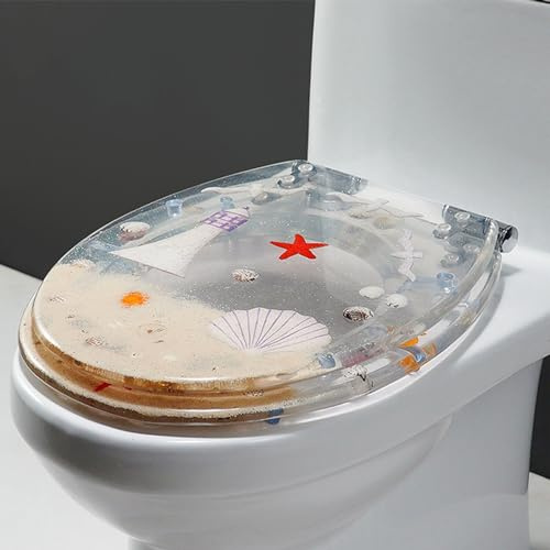 Giural E,Resin Toilet Seat with Clear Ocean Shells Cover - Quiet Close, Slow Close Toilet Seat, Quick Release, and Stainless Steel Hinges, Easy to Install and Clean, 3D Effects Ocean Series