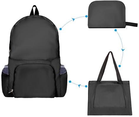 Prizmxed Faltbarer Rucksack Ultraleicht, 25L Verformbar, drei-in-eins, Faltrucksack, Leichte Wasserdichte Handtasche/Schultasche, Foldable Backpack, Unverzichtbar für Reisen und Einkaufen (Schwarz)
