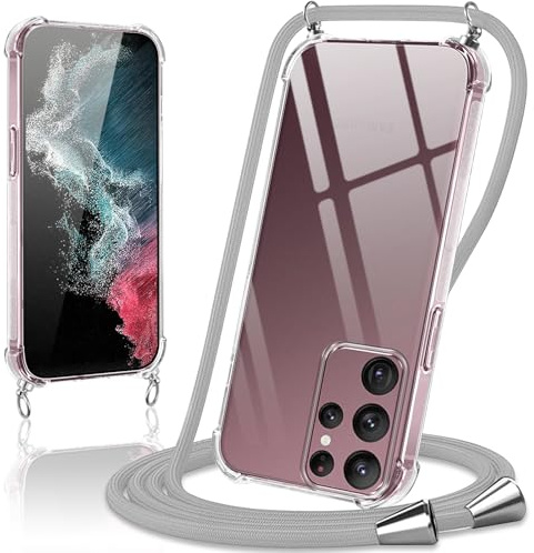 Coiwxmoi Coque avec Cordon pour Samsung Galaxy S22 Ultra 5G 6.8, Collier Réglable Téléphone Étui Portable Lanyard Case Transparent Ultra Souple Silicone TPU Housse Antichoc Protection Cover, Gris