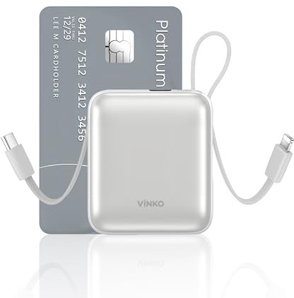 VINKO Small Power Bank with Built-in Cable,10000mAh Fast Charging Power Bank, 22.5W USB C Portable Charger, Mini Battery Pack for iPhone 16 15 14 13 Samsung Galaxy Google Android (White)