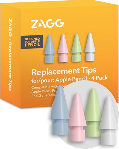 ZAGG Punte di ricambio per Apple Pencil di prima generazione, 2a generazione e USB-C, confezione da 4, scrittura fluida, attrito perfetto, rosa pastello, blu, verde e bianco
