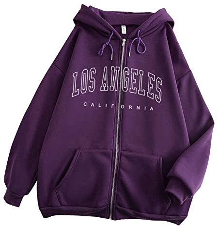 2025 - Sudadera de mujer con letras de impresión de letras con capucha de manga larga con cremallera superior casual camiseta con capucha sudadera vestido de manga larga, lila, M, Lila., M