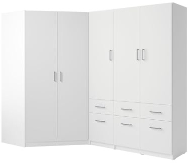 Vente-unique-Eckkleiderschrank mit 5 Türen & 6 Schubladen - 254 cm - Weiß - BELOMY