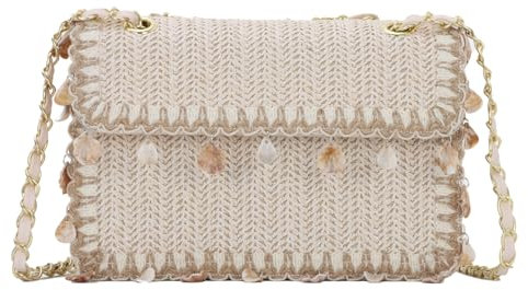 Jywmsc Paja Crossbody Bolsa para Mujeres Verano Playa Concha Bolso Tejido Vacaciones Pequeña Bolsa de Embrague