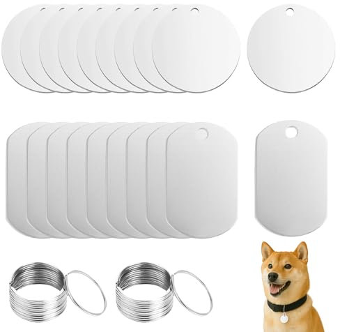 Huybaa 20 Pièces plaque d'identification pour chien,Étiquettes d'Identification en Acier Inoxydable, Plaques Vierges pour Chien avec Porte-clés,plaque militaire,Étiquettes bricolées(argenté)