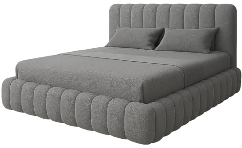 Luxury Cloud Teddy Boucle Ottoman Storage Bed Frame, Double Size, Panel Headboard, Modern Style, Upholstered Fabric, (Grey, 5ft king size)
