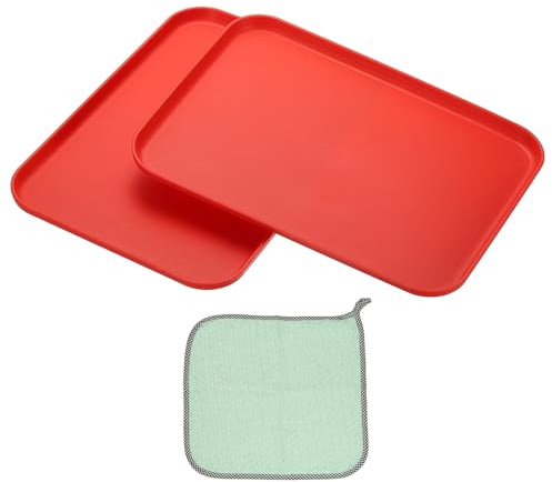 PATIKIL 12x8.7 Plastic Tray, 2 Pack Rectangular Plates Small Food Tray Wheat Plates Dishes Reusable Dessert Plate Trays with Cloth for Cake Fruits Salad Cupcake Steak Serving Red
