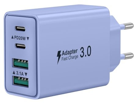 Chargeur USB C, 40W 4 Port Prise Chargeur Rapide USB C, 2Pack Multiple Secteur Double PD+QC 3.1A Type C Adaptateur pour iPhone 16 15 14 13 12 11 Pro Max 8 7 6S Plus Mini SE, iPad, Samsung Galaxy